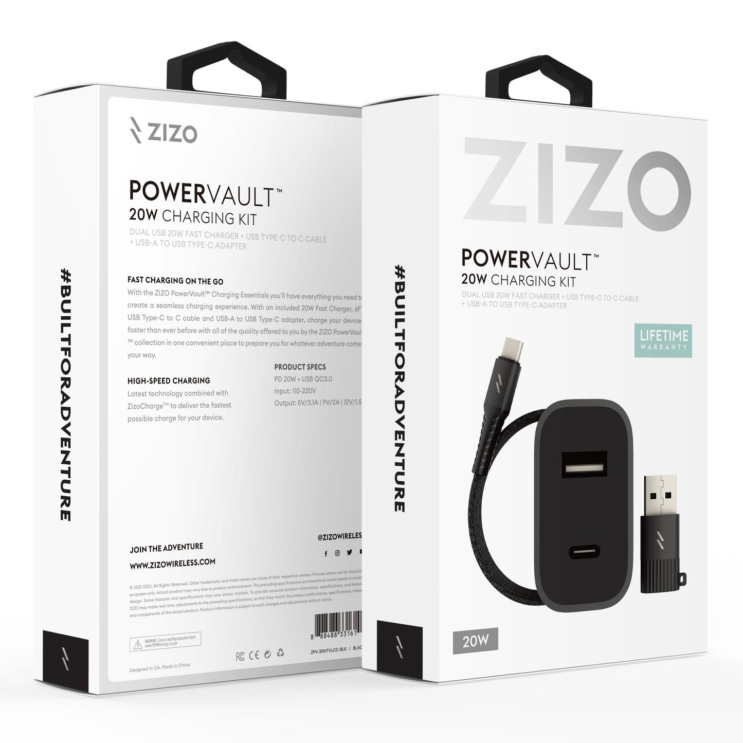 ZIZO PowerVault Bundle Travel Charger + Type C to C Cable + USB to Type C Adapter - ZIZO Wireless