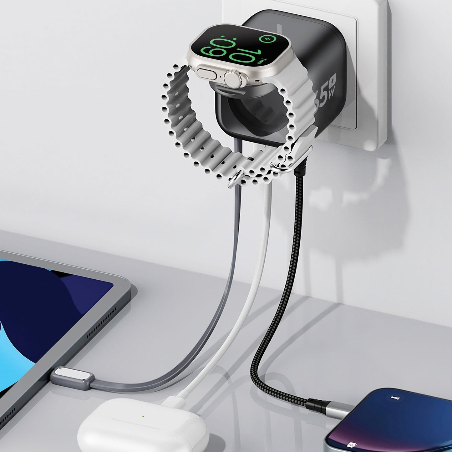 ZIZO PowerVault Cube 65W GaN Travel Charger with Smartwatch Dock, Retractable Cable, and Multi-Port Fast Charging - Space Black