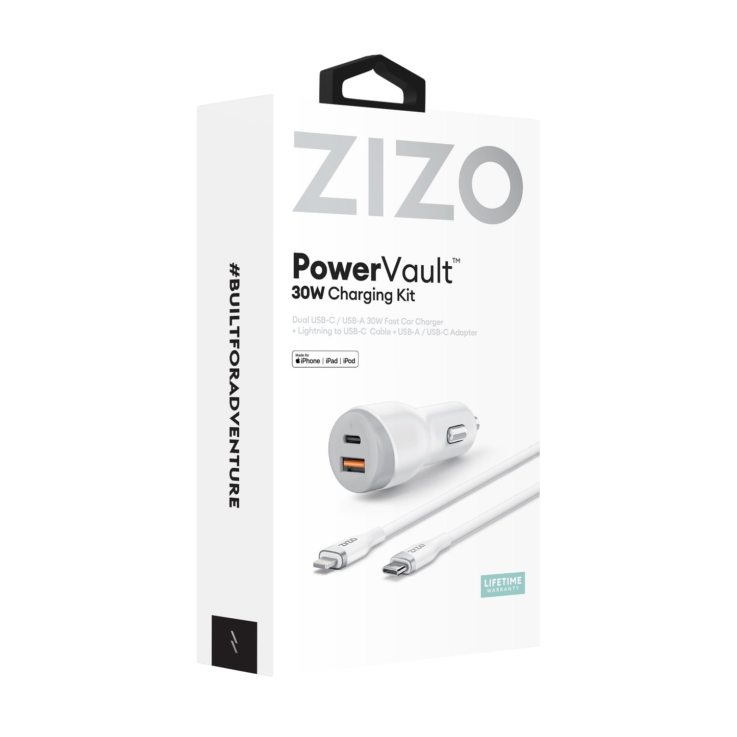 ZIZO PowerVault 30W Dual Port Car Charger Bundle + Lightning to USB-C Cable + USB-A Adapter