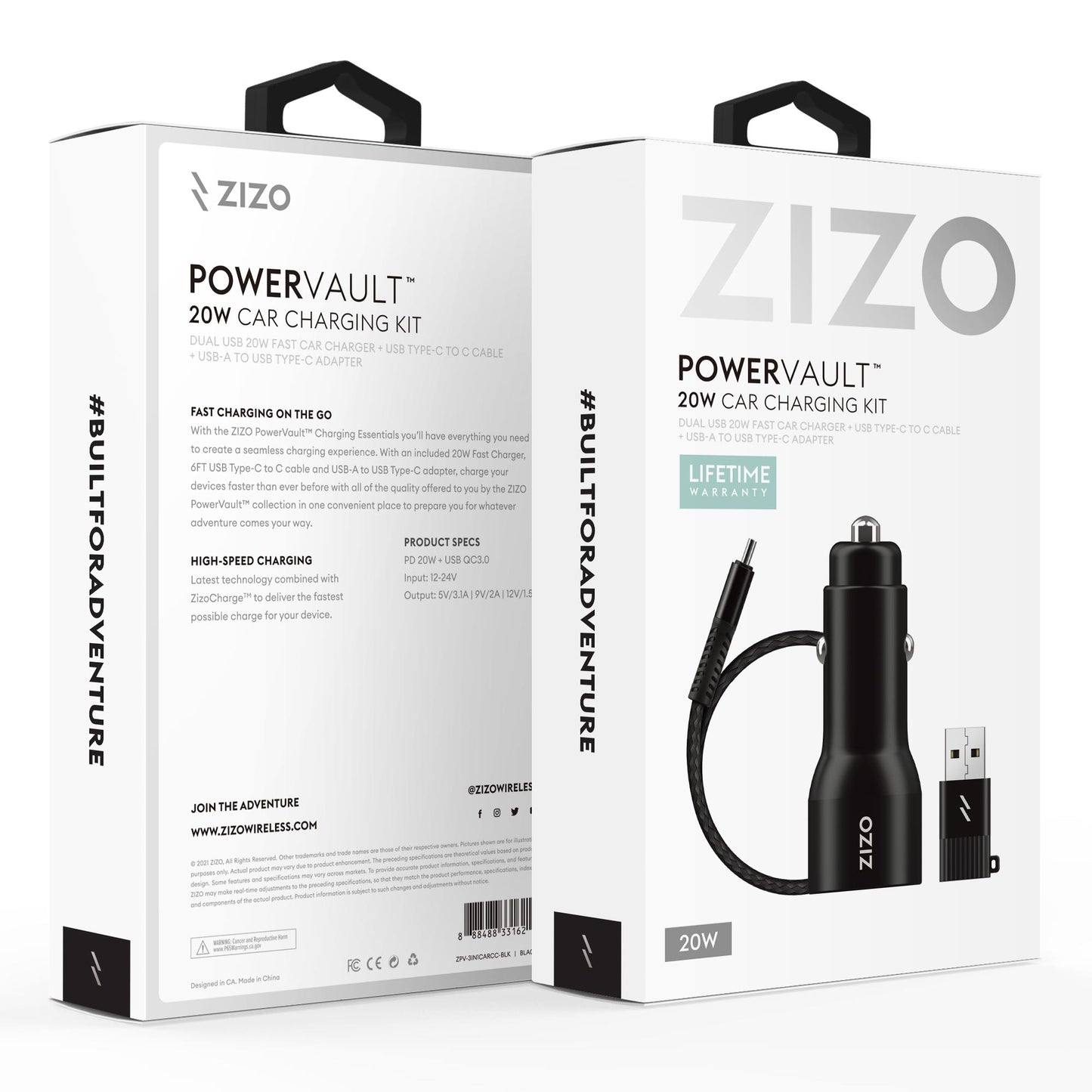 ZIZO PowerVault Bundle Car Charger + Type C to C Cable + USB to Type C Adapter - ZIZO Wireless