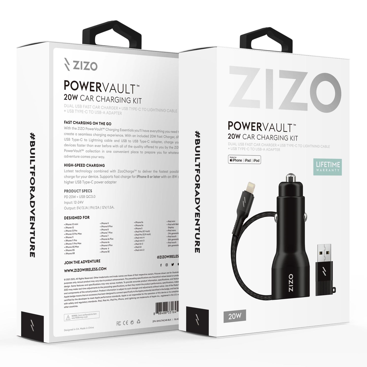 ZIZO PowerVault Bundle Car Charger + Type C to Lightning Cable + USB to Type C Adapter - ZIZO Wireless