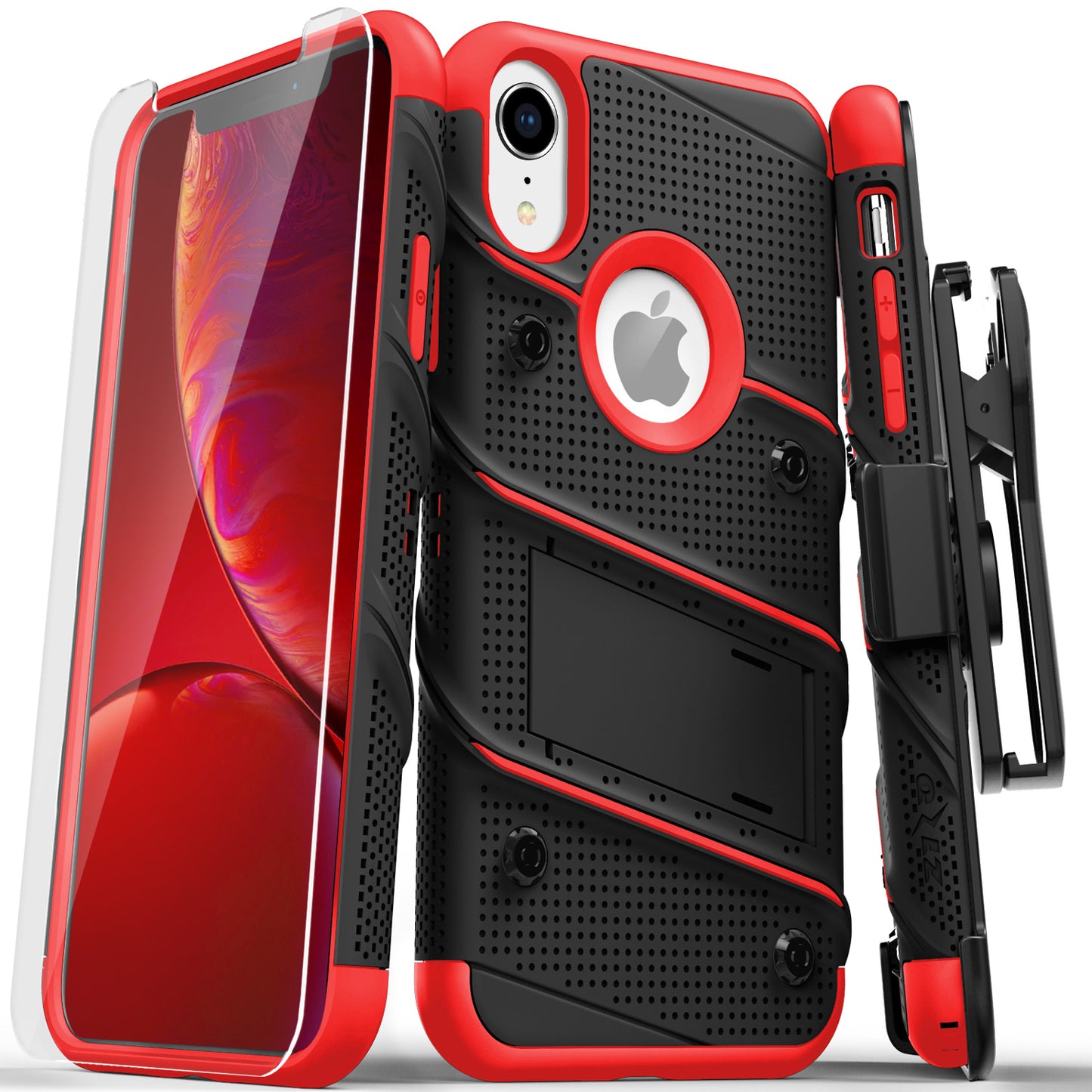 For iPhone XR - BOLT Case with Built In Kickstand Holster and Tempered Glass Screen Protector