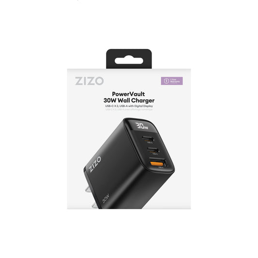 ZIZO PowerVault 30W Dual USB-C + USB-A Wall Charger with Digital Power Display