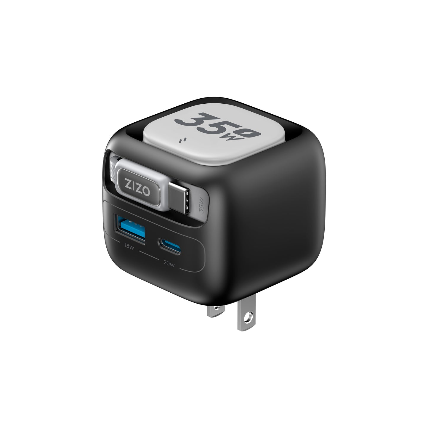 ZIZO PowerVault Cube 35W GaN Travel Charger with Retractable USB-C Cable and Multi-Port Charging - Space Black