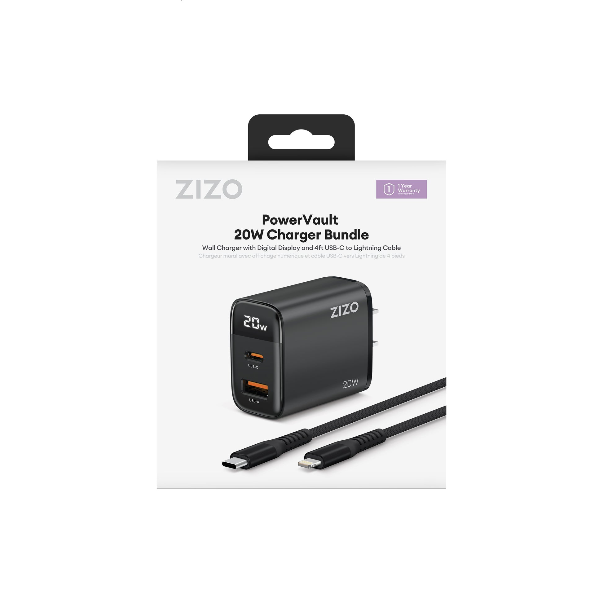 ZIZO PowerVault 20W Charger Bundle with 4FT Braided Nylon USB-C to Lightning Cable - Black - ZIZO Wireless