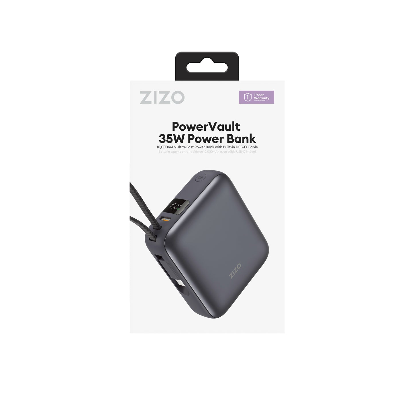 ZIZO PowerVault 35W Power Bank 10,000mAh with Built-in USB-C Cable - Space Black