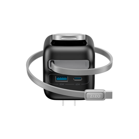 ZIZO PowerVault Cube 65W GaN Travel Charger with Smartwatch Dock, Retractable Cable, and Multi-Port Fast Charging - Space Black