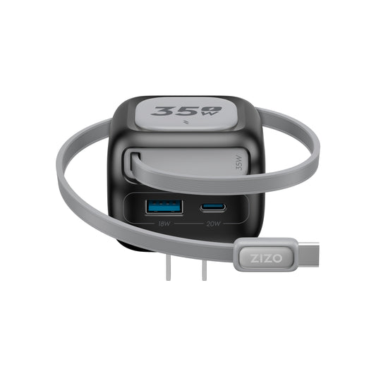 ZIZO PowerVault Cube 35W GaN Travel Charger with Retractable USB-C Cable and Multi-Port Charging - Space Black