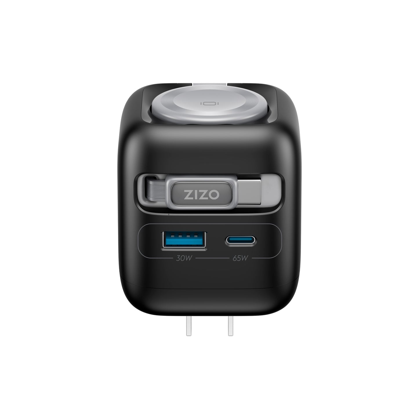 ZIZO PowerVault Cube 65W GaN Travel Charger with Smartwatch Dock, Retractable Cable, and Multi-Port Fast Charging - Space Black