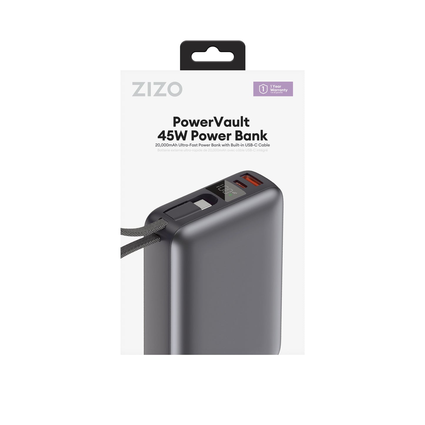 ZIZO PowerVault 45W Power Bank 20,000mAh with Built-in USB-C Cable - Space Black