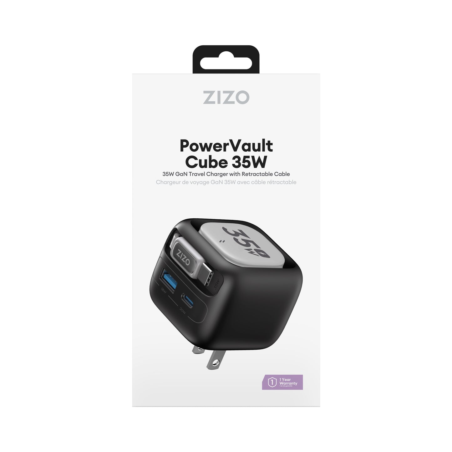 ZIZO PowerVault Cube 35W GaN Travel Charger with Retractable USB-C Cable and Multi-Port Charging - Space Black