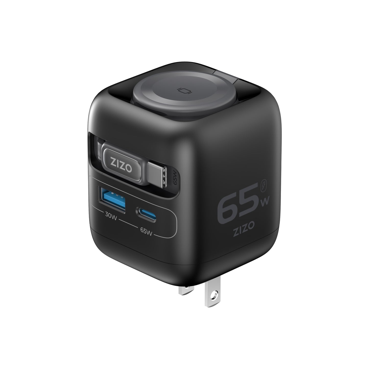 ZIZO PowerVault Cube 65W GaN Travel Charger with Smartwatch Dock, Retractable Cable, and Multi-Port Fast Charging - Space Black