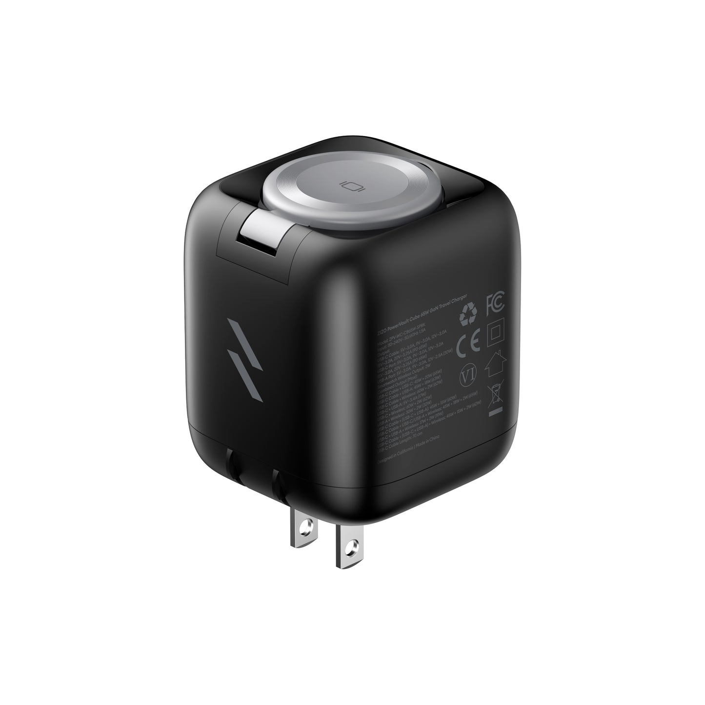 ZIZO PowerVault Cube 65W GaN Travel Charger with Smartwatch Dock, Retractable Cable, and Multi-Port Fast Charging - Space Black