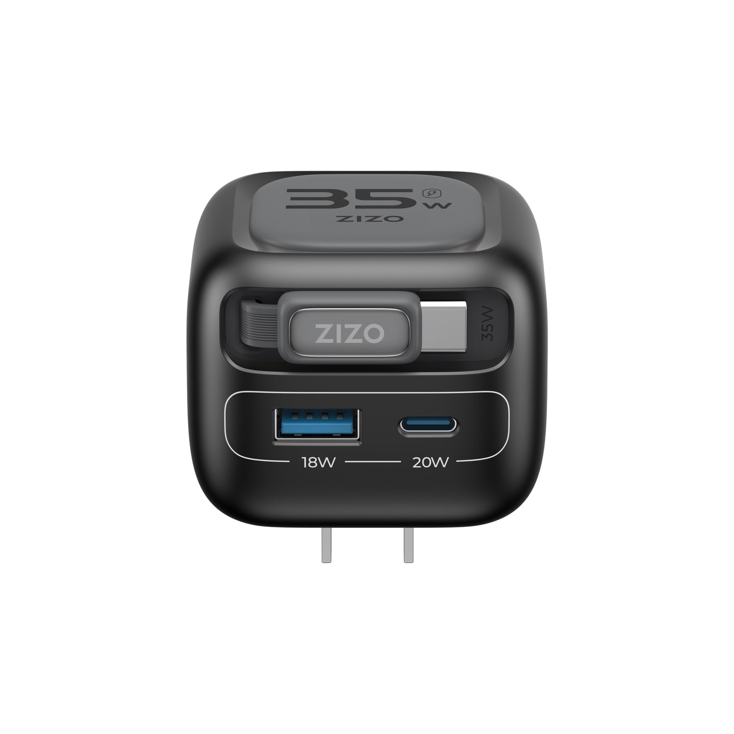 ZIZO PowerVault Cube 35W GaN Travel Charger with Retractable USB-C Cable and Multi-Port Charging - Space Black