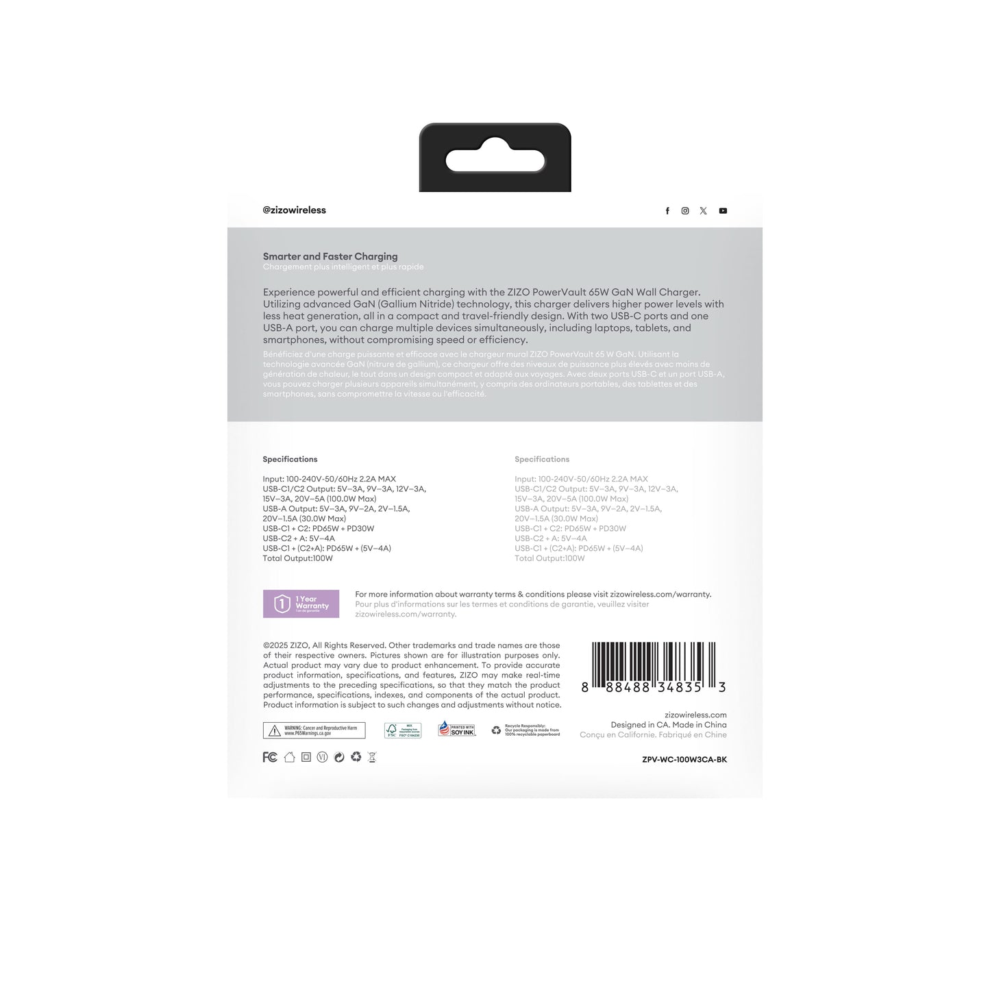 ZIZO PowerVault 100W GaN 2 USB-C + USB-A Wall Charger