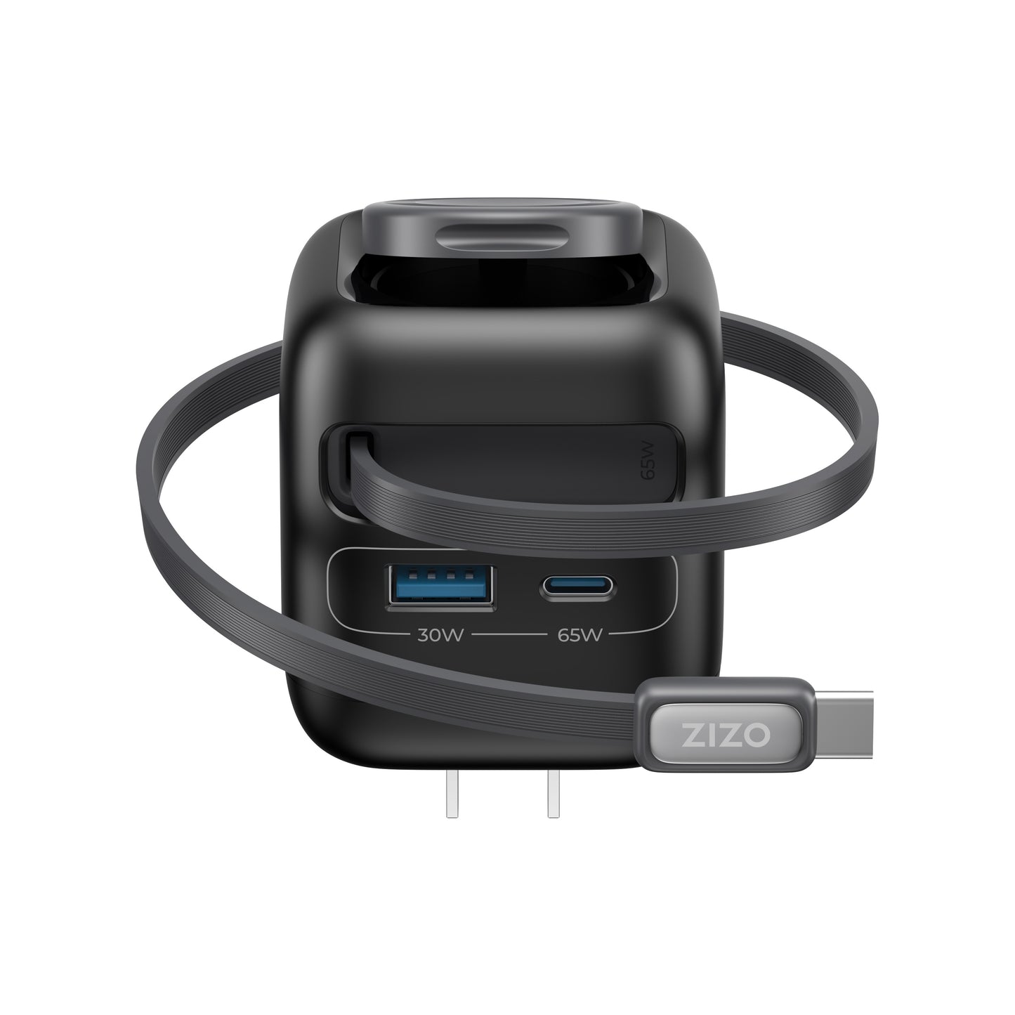 ZIZO PowerVault Cube 65W GaN Travel Charger with Smartwatch Dock, Retractable Cable, and Multi-Port Fast Charging - Space Black