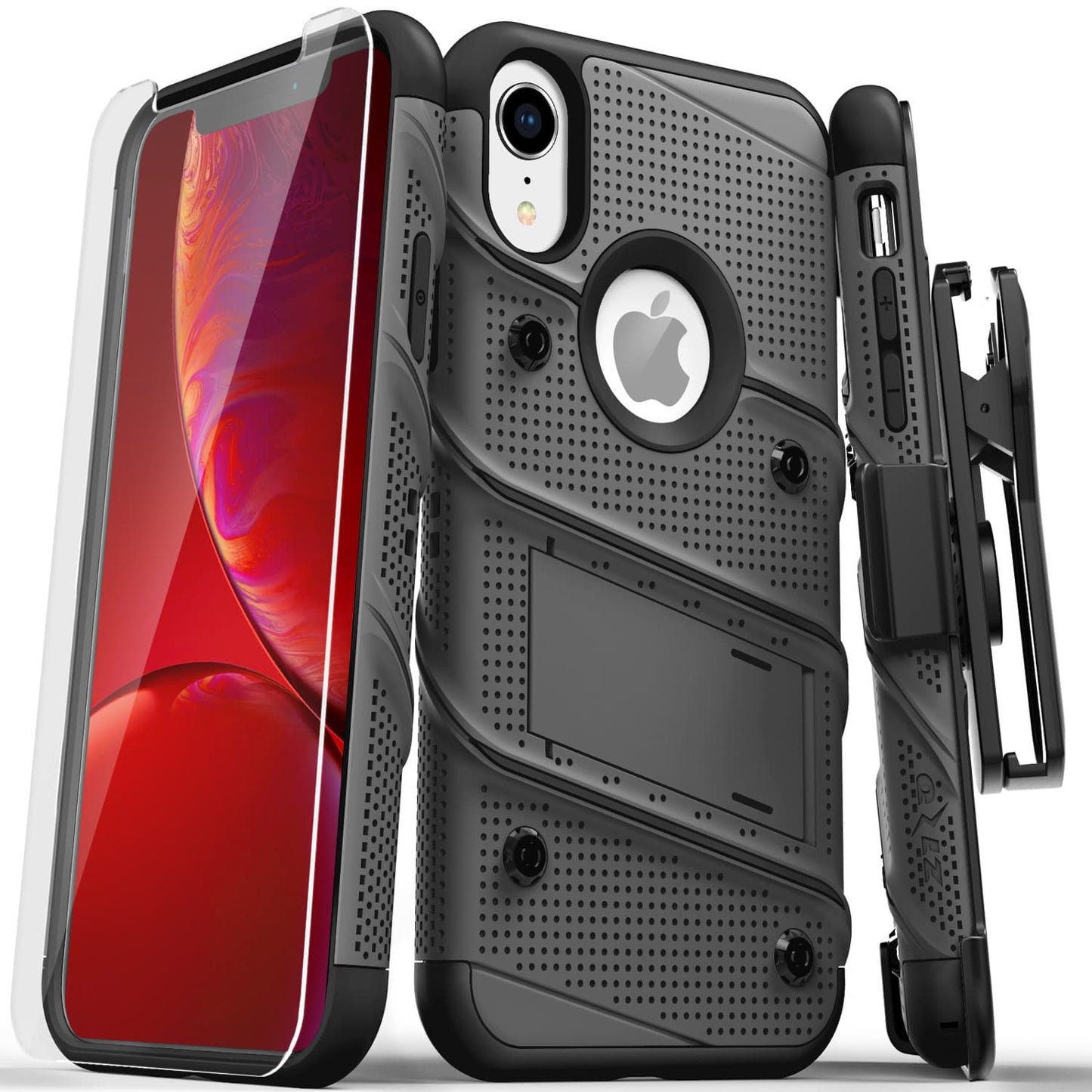 For iPhone XR - BOLT Case with Built In Kickstand Holster and Tempered Glass Screen Protector