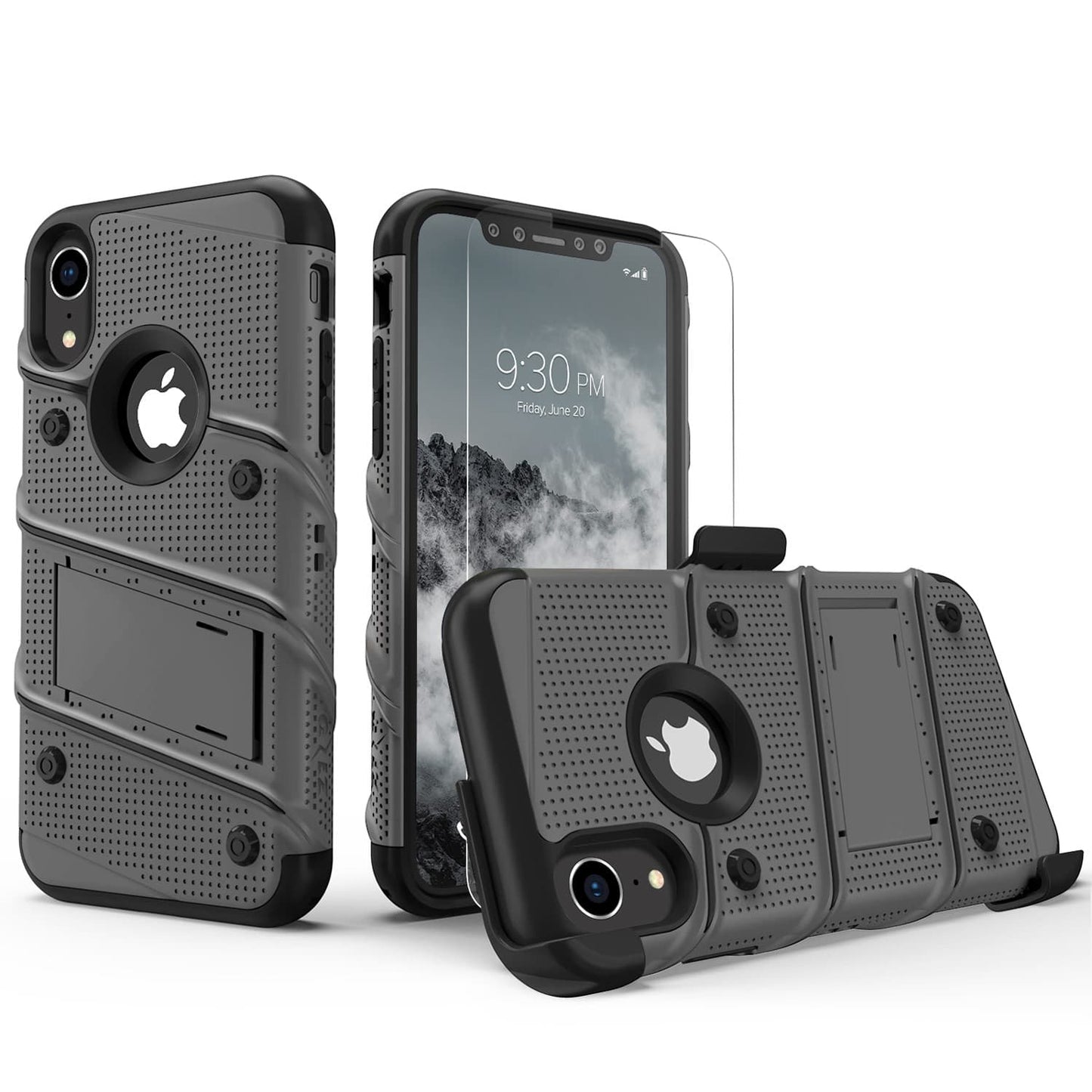 For iPhone XR - BOLT Case with Built In Kickstand Holster and Tempered Glass Screen Protector