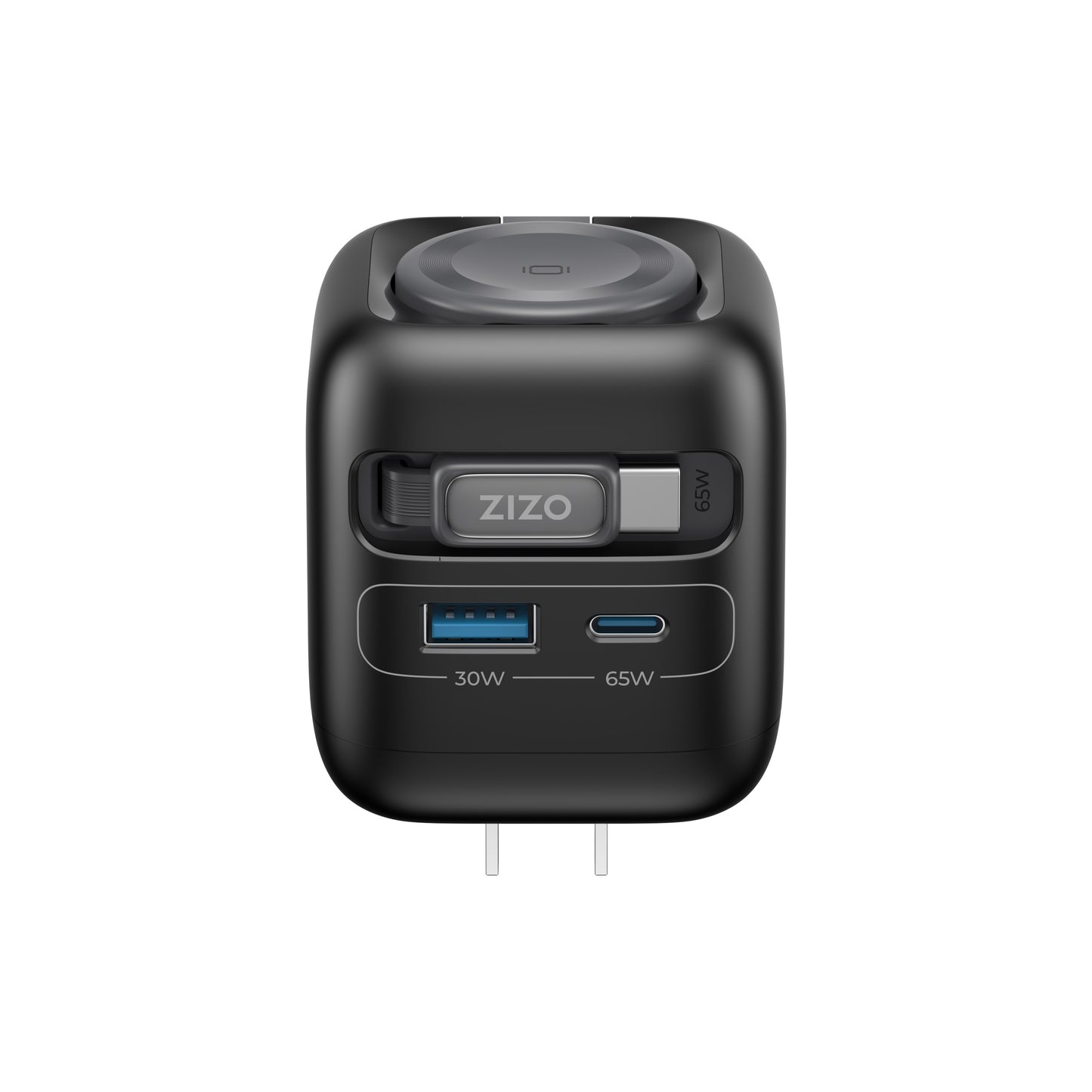 ZIZO PowerVault Cube 65W GaN Travel Charger with Smartwatch Dock, Retractable Cable, and Multi-Port Fast Charging - Space Black
