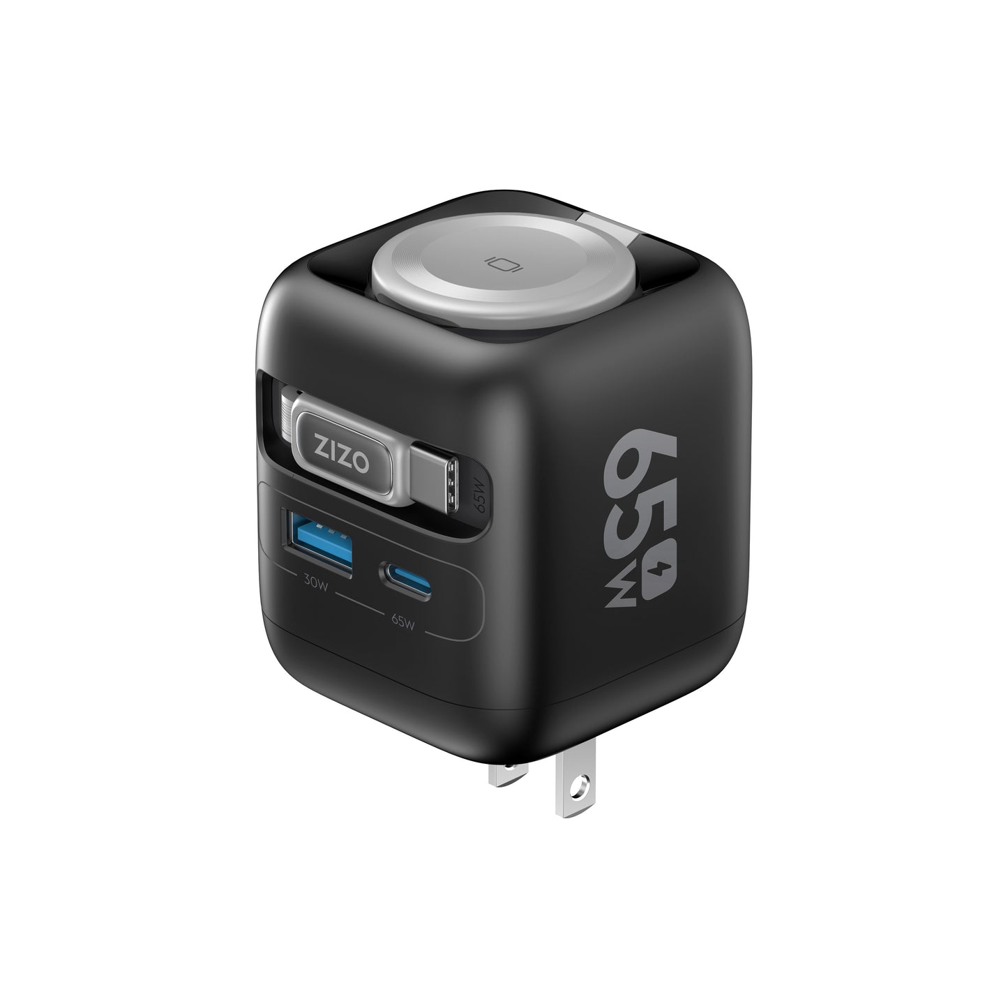 ZIZO PowerVault Cube 65W GaN Travel Charger with Smartwatch Dock, Retractable Cable, and Multi-Port Fast Charging - Space Black