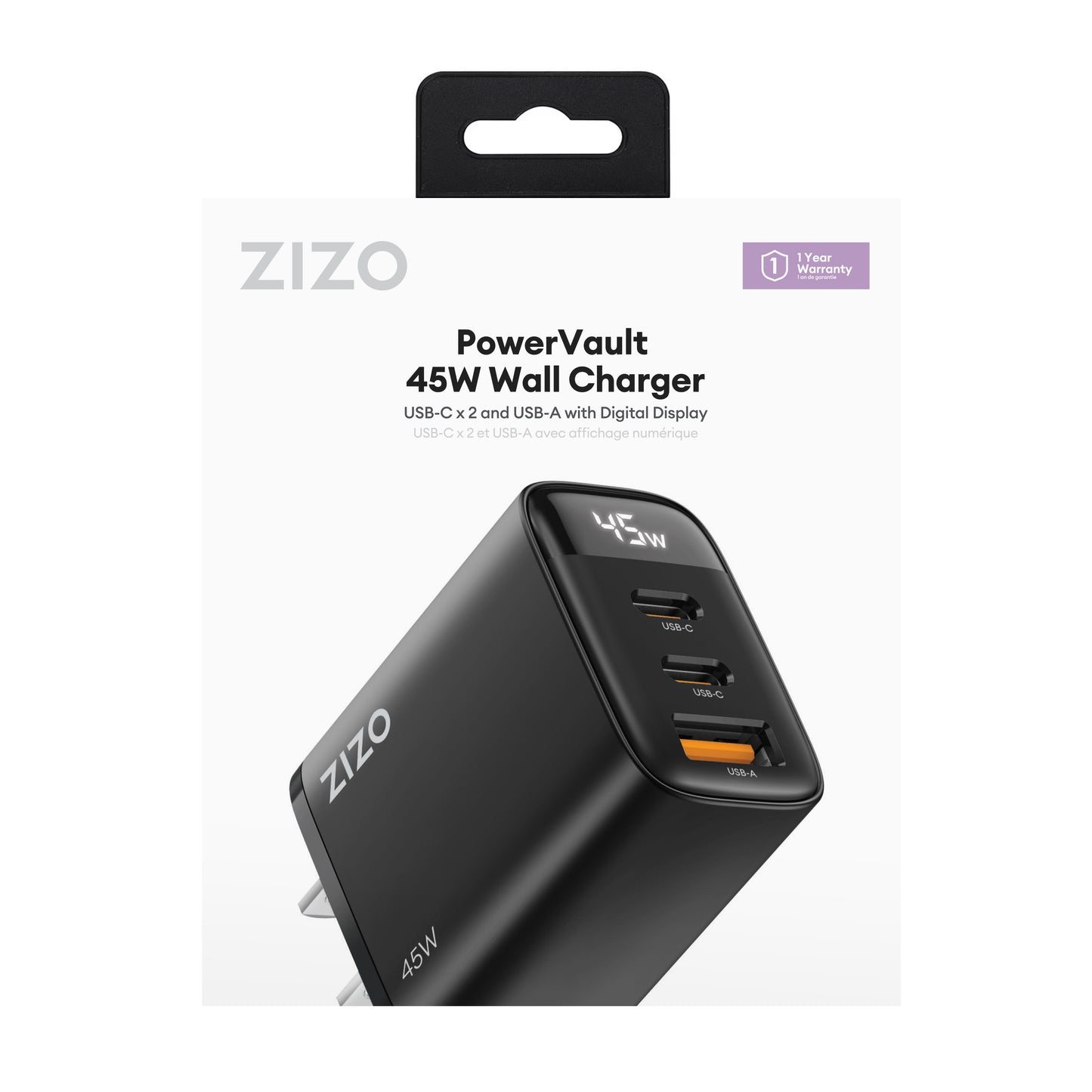 ZIZO PowerVault 45W Dual USB-C + USB-A Wall Charger with Digital Power Display - Black