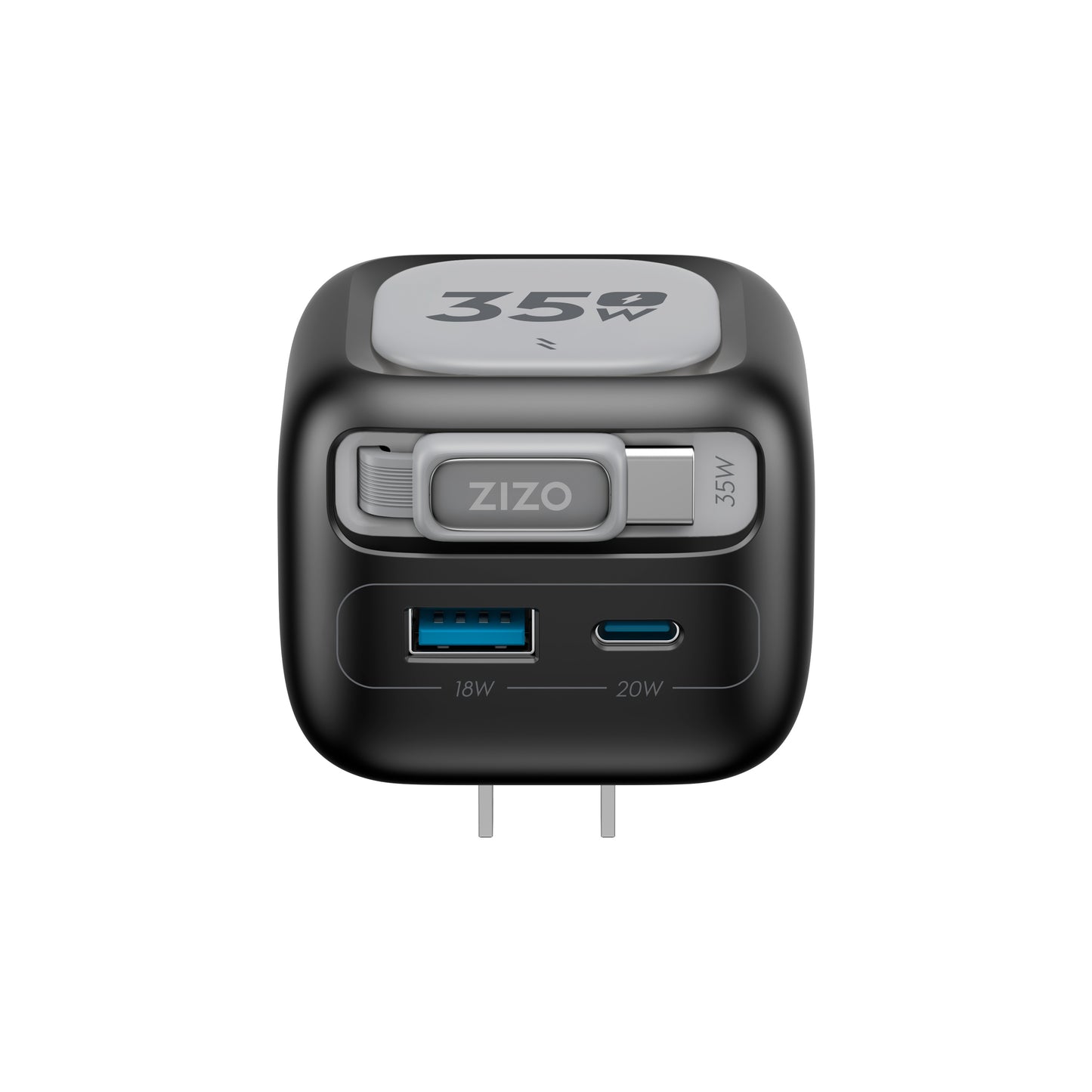 ZIZO PowerVault Cube 35W GaN Travel Charger with Retractable USB-C Cable and Multi-Port Charging - Space Black