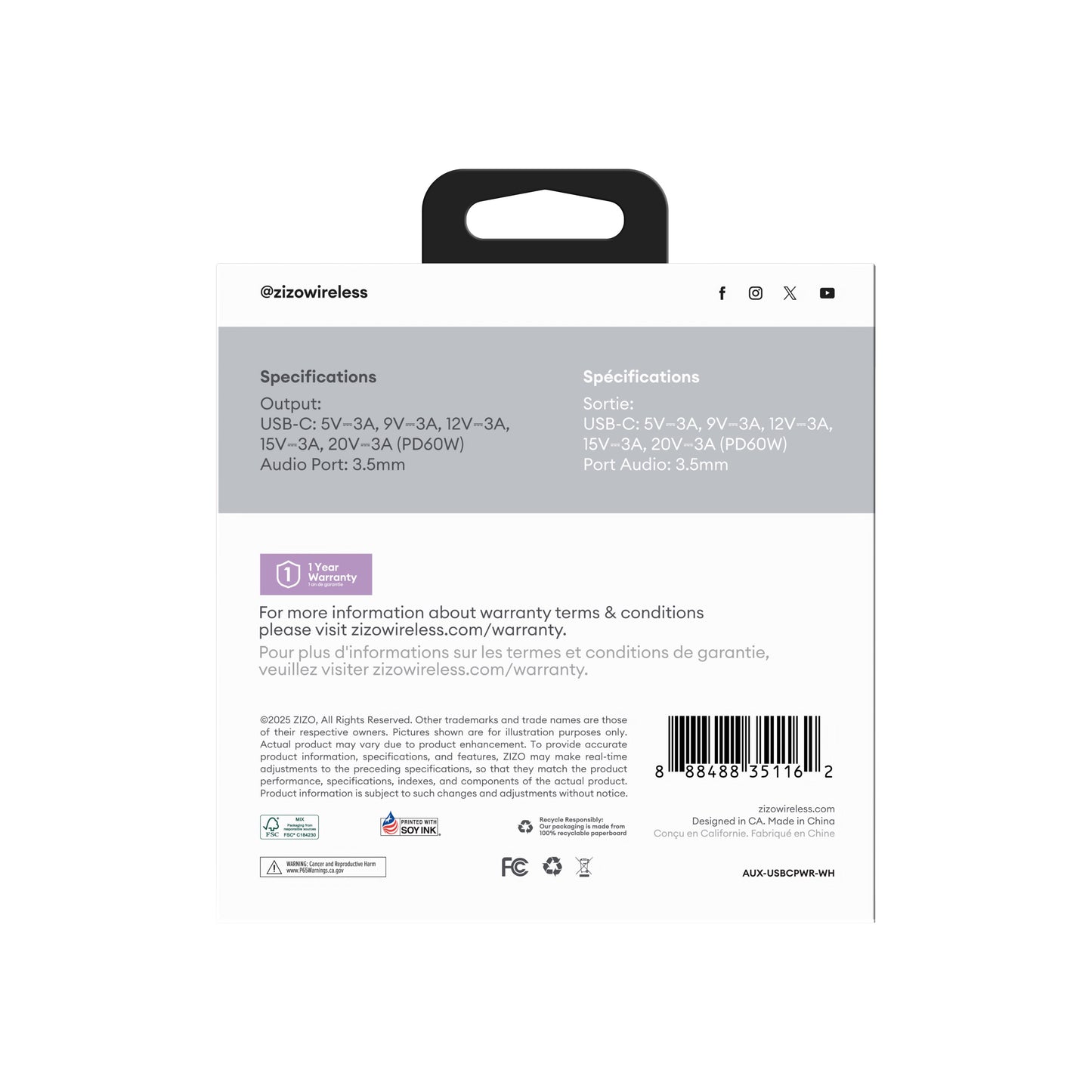 ZIZO Pulse USB-C to 3.5mm Audio Adapter with Charging Passthrough - White