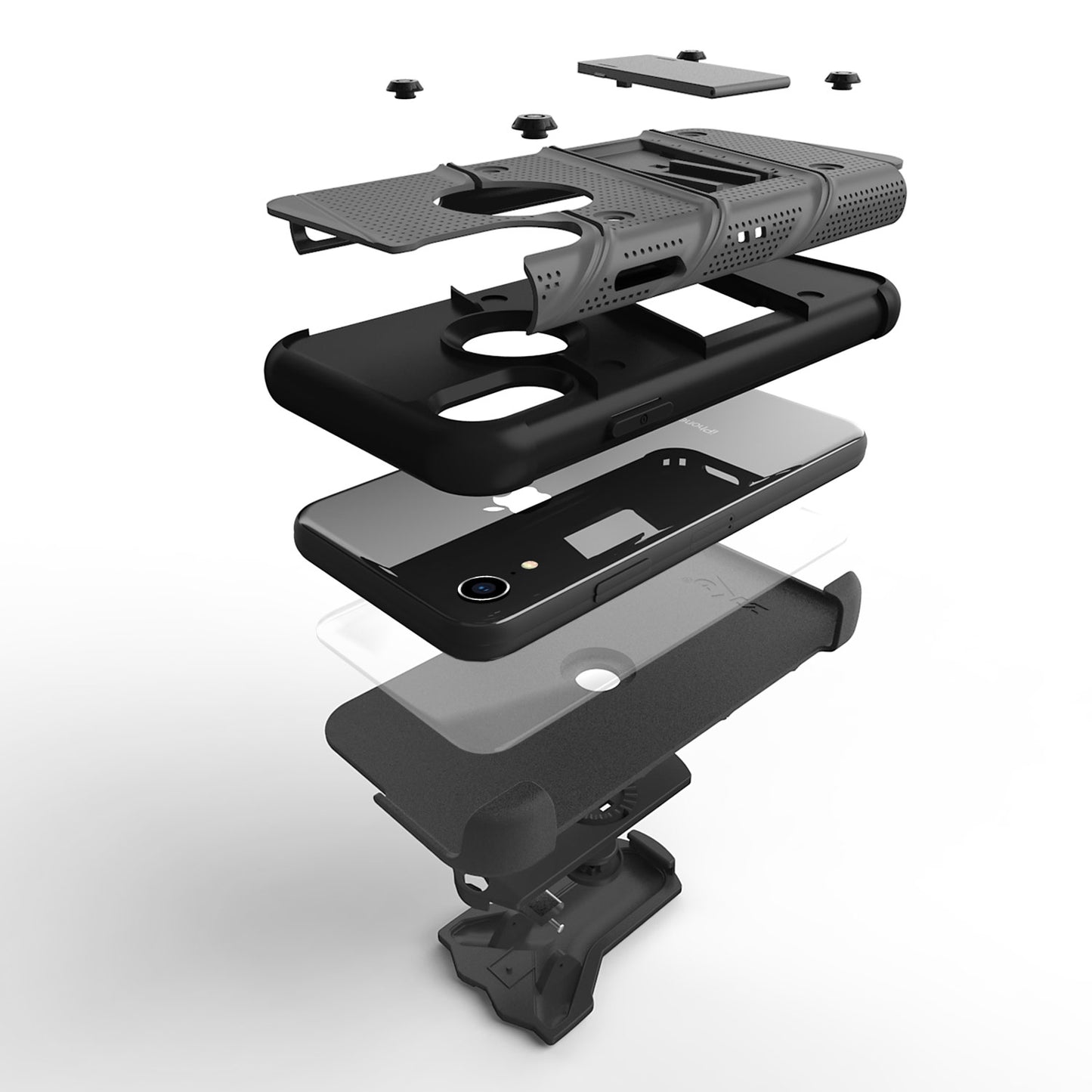 For iPhone XR - BOLT Case with Built In Kickstand Holster and Tempered Glass Screen Protector