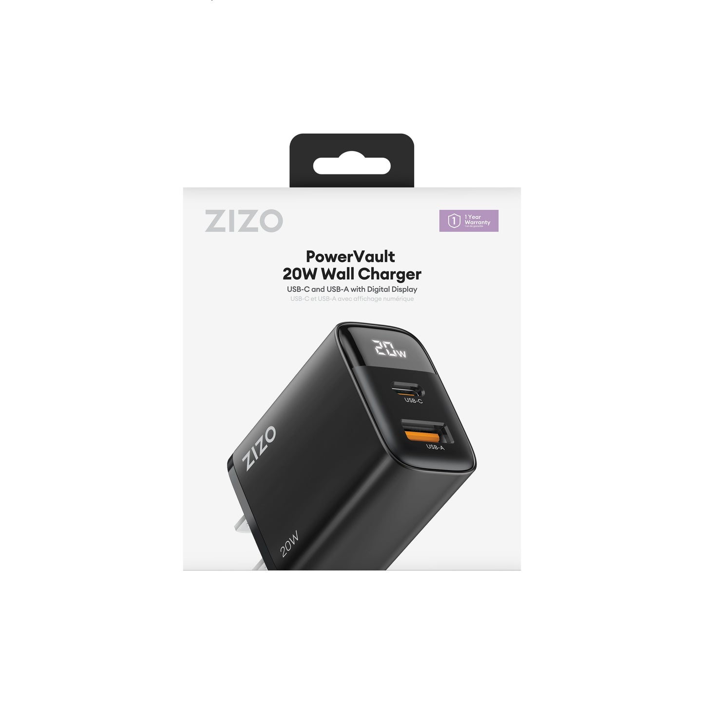 ZIZO PowerVault 20W USB-C + USB-A Wall Charger with Digital Power Display
