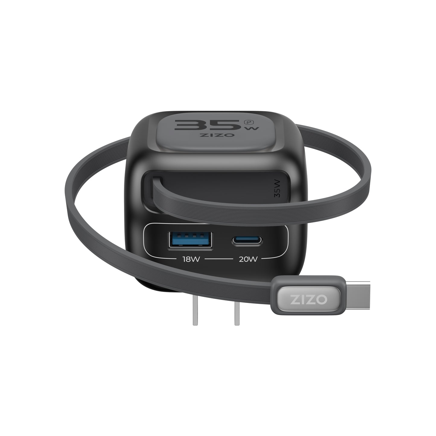 ZIZO PowerVault Cube 35W GaN Travel Charger with Retractable USB-C Cable and Multi-Port Charging - Space Black