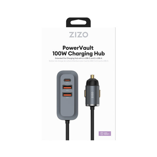 ZIZO PowerVault 4-Port Car Charging Hub with Extended Reach (100W) - Black