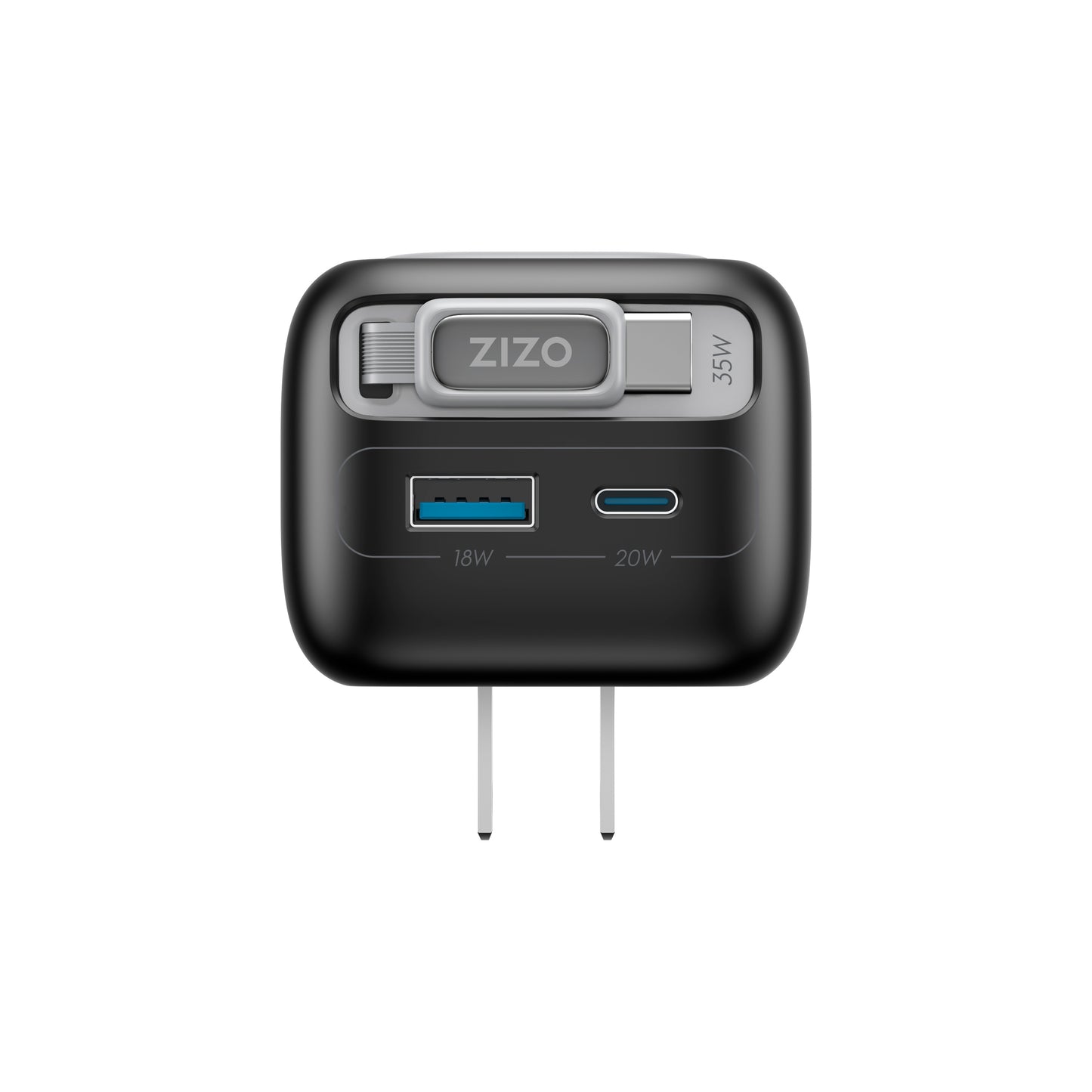 ZIZO PowerVault Cube 35W GaN Travel Charger with Retractable USB-C Cable and Multi-Port Charging - Space Black
