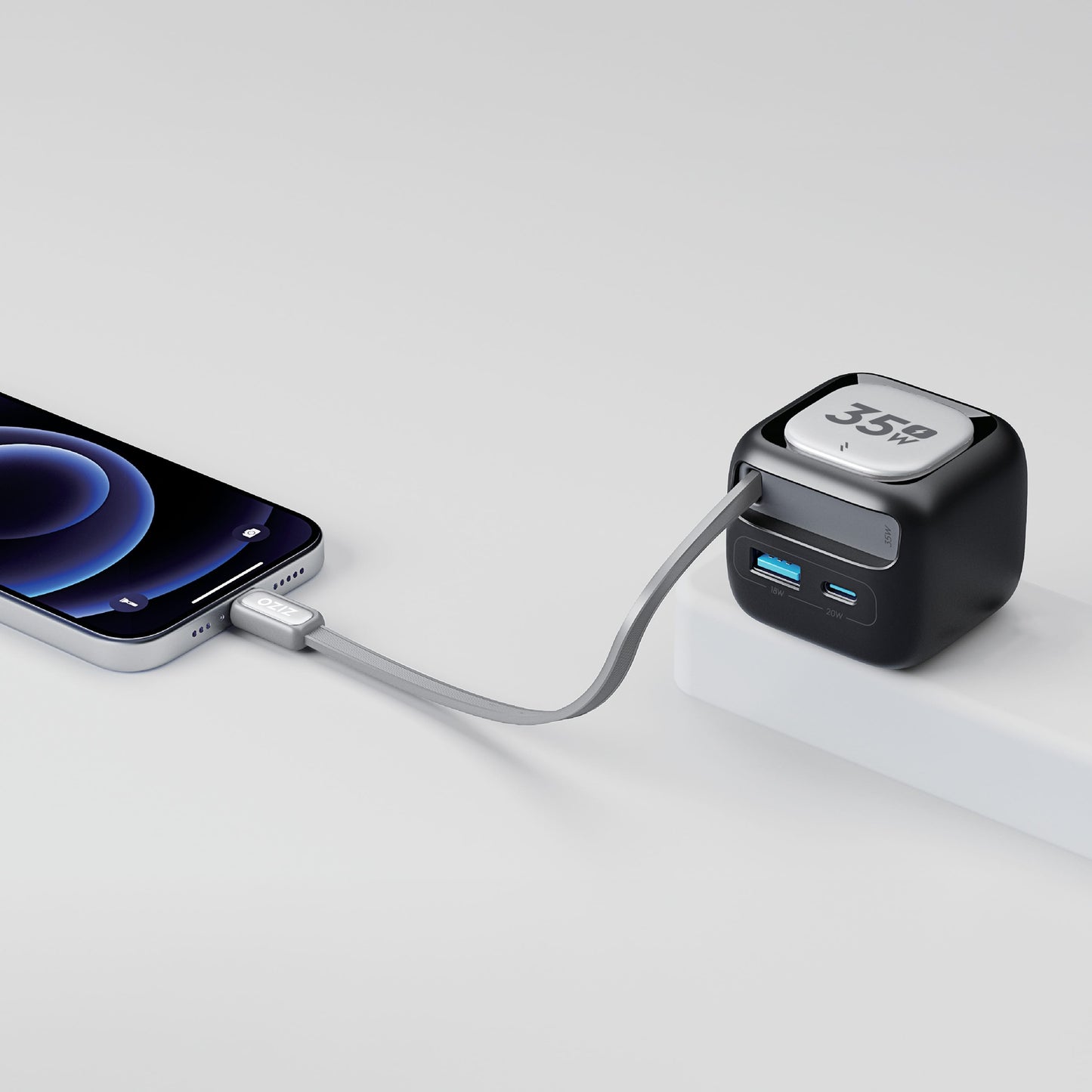 ZIZO PowerVault Cube 35W GaN Travel Charger with Retractable USB-C Cable and Multi-Port Charging - Space Black