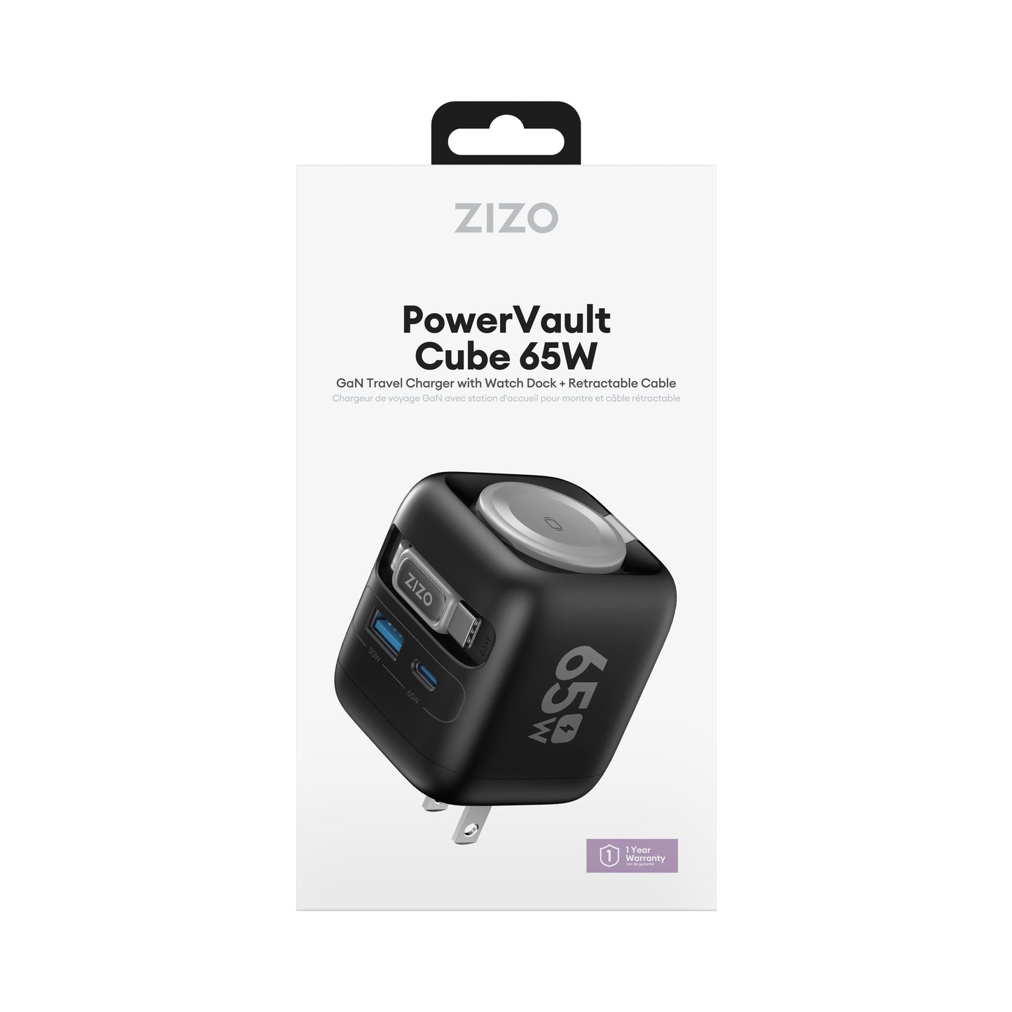 ZIZO PowerVault Cube 65W GaN Travel Charger with Smartwatch Dock, Retractable Cable, and Multi-Port Fast Charging - Space Black