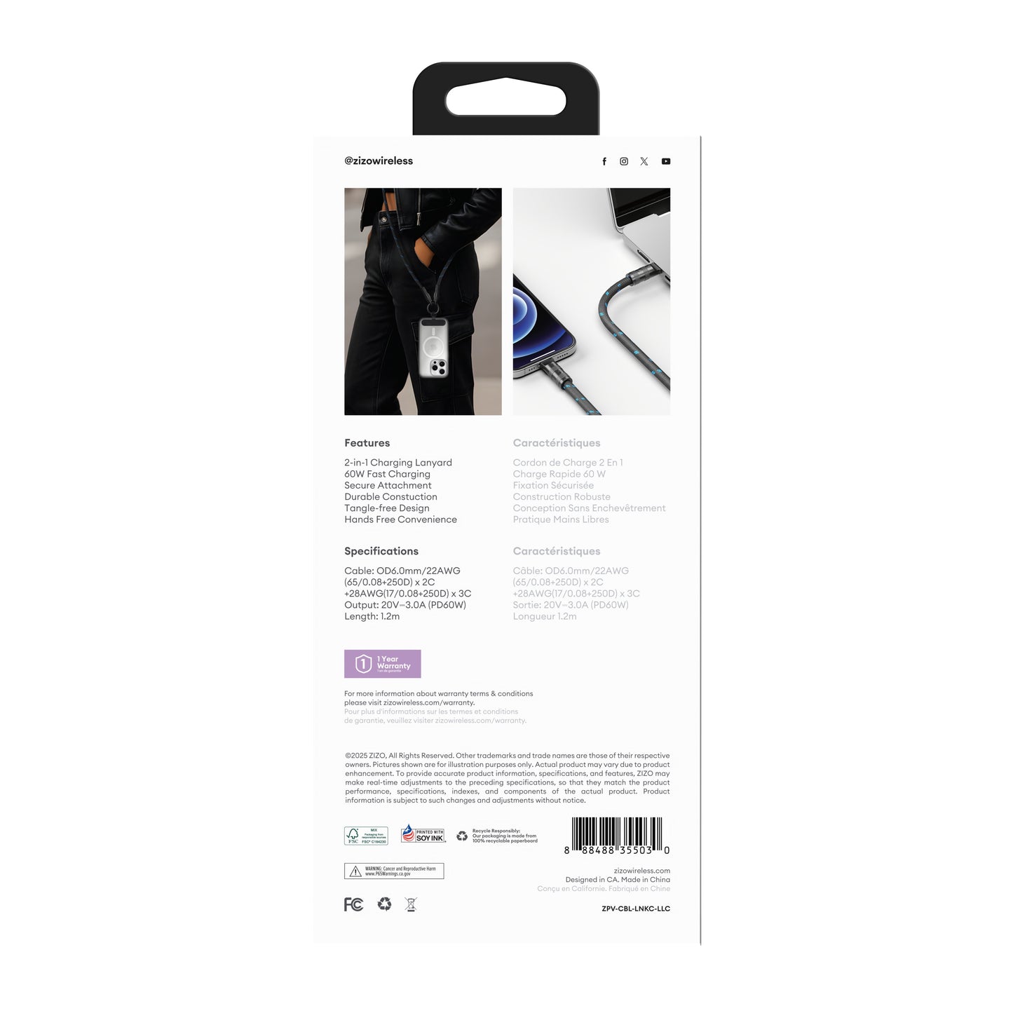 ZIZO PowerVault Link+ Lanyard USB-C Cable - Lilac