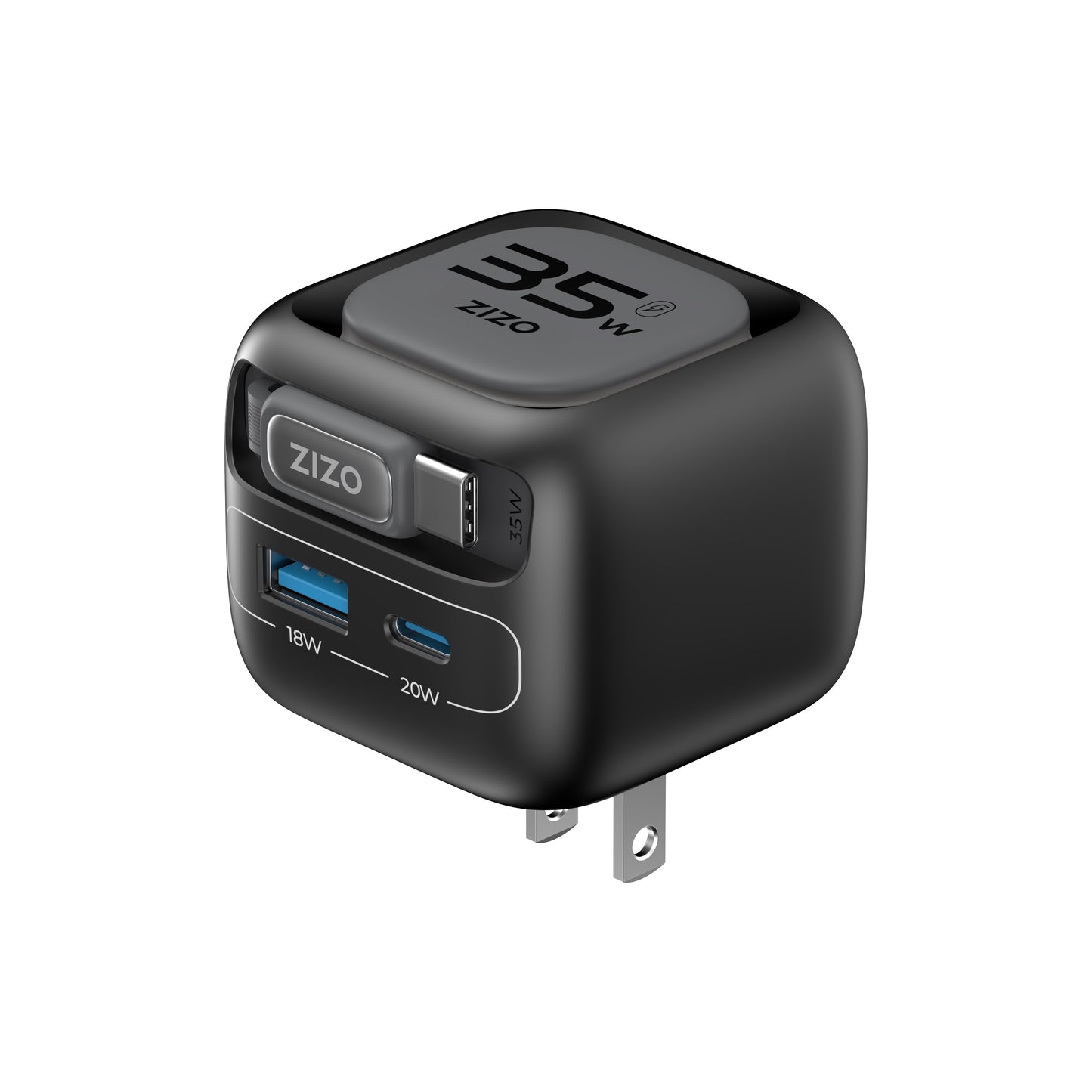 ZIZO PowerVault Cube 35W GaN Travel Charger with Retractable USB-C Cable and Multi-Port Charging - Space Black