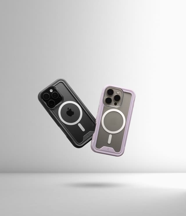 A black-bumper and a purple-bumper ZIZO ION MagSafe case floating mid-air against a soft gray gradient, both clear backs and white magnet rings facing the camera