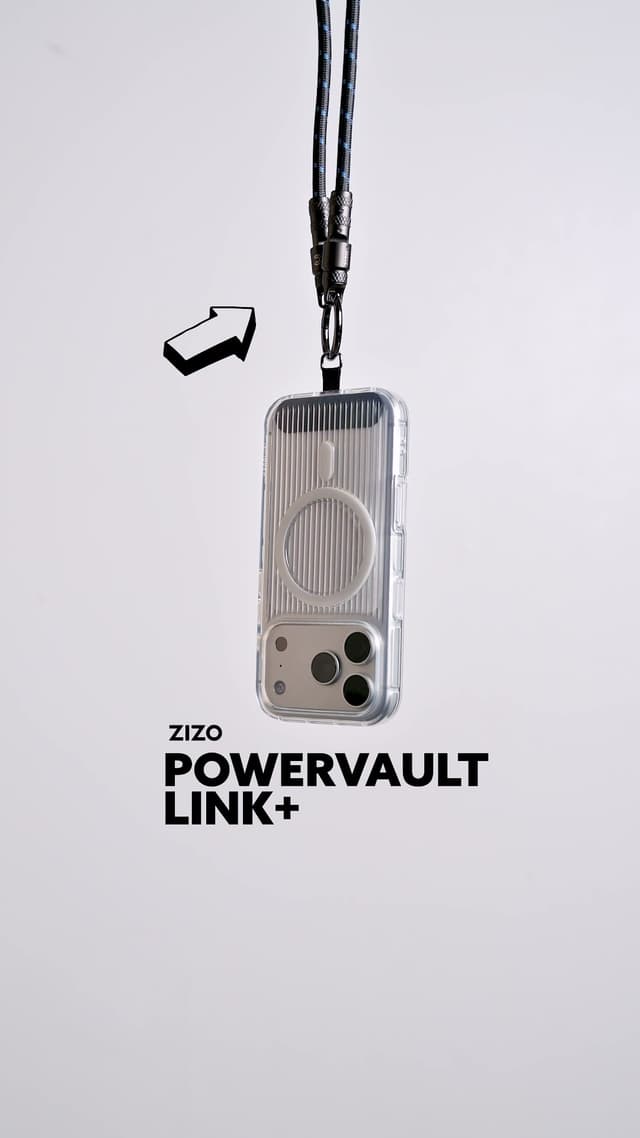 A phone in a clear ribbed case hanging from a black and white braided ZIZO Link+ lanyard cable with a carabiner clip, shown under the PowerVault Link+ title card