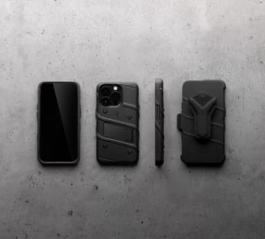 ZIZO Bolt case shown front, back, side profile, and clipped into its rotating belt-clip holster