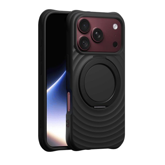 ZIZO Revolve Series iPhone 18 Pro / 17 Pro Slim MagSafe Case in Magnetic Black on a Burgundy iPhone 18 Pro