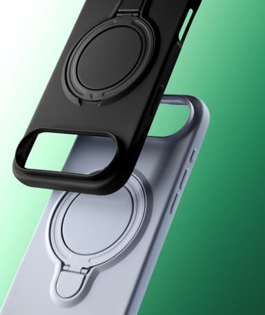 Macro on the fold-out ring of a black ZIZO Revolve case, a second pale case stacked behind, against a green gradient