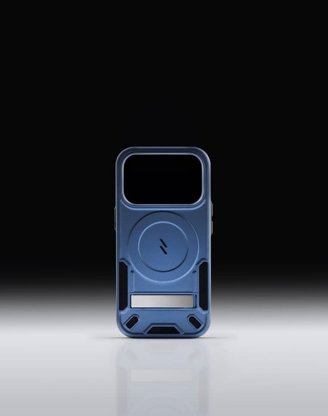 ZIZO Transform MagSafe case in blue, dead-on with the kickstand closed and flush against the back panel