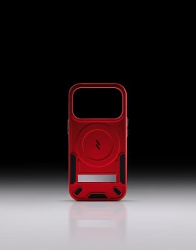 A red ZIZO Transform case shown rear-facing against a black-to-white gradient, its MagSafe ring, kickstand and textured corners visible