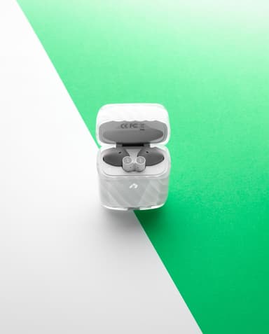 An open ZIZO Halos case showing both earbuds seated inside