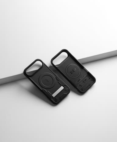 Two black ZIZO Transform cases propped open-side-up on white, showing the camera cutout, textured MagSafe ring and kickstand inside