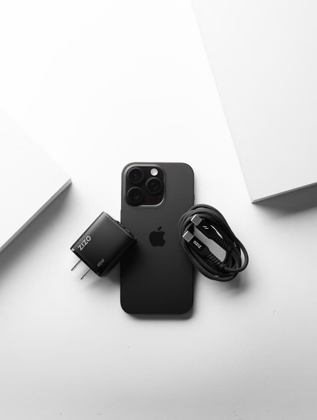 Overhead flat-lay of a black ZIZO PowerVault 45W wall charger and a coiled braided ZIZO USB-C cable beside a black iPhone on a white studio background