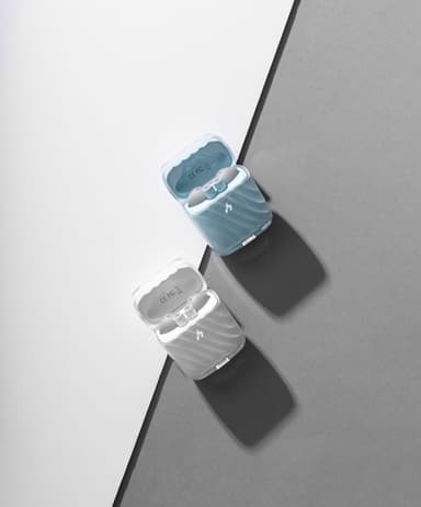 A pale blue and a frosted ZIZO Halos case together on a split gray background