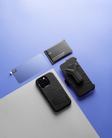 ZIZO Bolt case kit laid out with the case, twist-lock belt holster, and tempered-glass screen-protector install kit