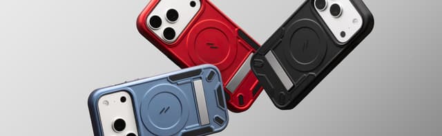 Three ZIZO Transform MagSafe cases in red, black and blue, tumbling together in mid-air against a soft gray gradient