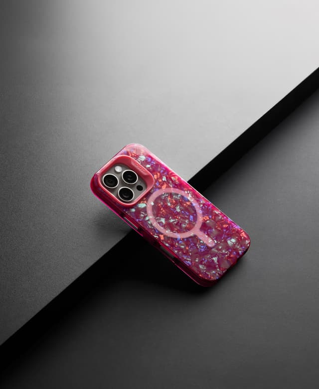 ZIZO JEWEL case in a pink holographic crystal pattern, camera cutout and MagSafe ring visible